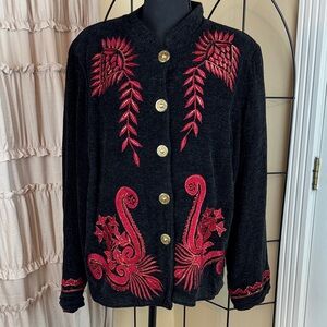 Alex Kim Black Red Embroirdered Art to Wear Jacket Size 1X